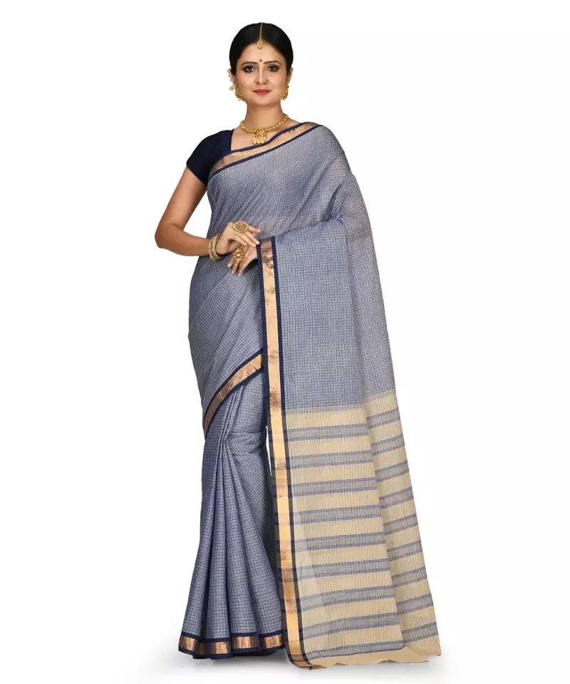 Indigo Blue Chettinad Handloom Pure Cotton Traditional Zari Border Saree With Blouse