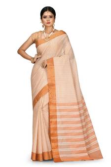 Orange Chettinad Handloom Pure Cotton Traditional Zari Border Saree With Blouse