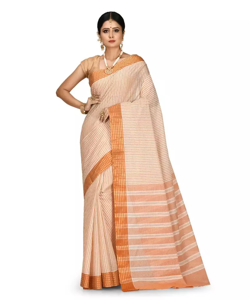 Orange Chettinad Handloom Pure Cotton Traditional Zari Border Saree With Blouse