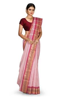 Pink Chettinad Handloom Pure Cotton Traditional Zari Border Saree With Blouse