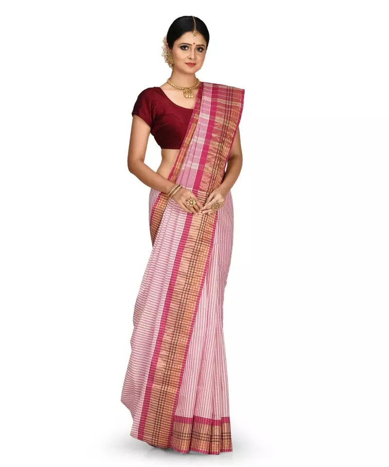 Pink Chettinad Handloom Pure Cotton Traditional Zari Border Saree With Blouse