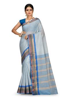 Blue Chettinad Handloom Pure Cotton Traditional Zari Border Saree With Blouse
