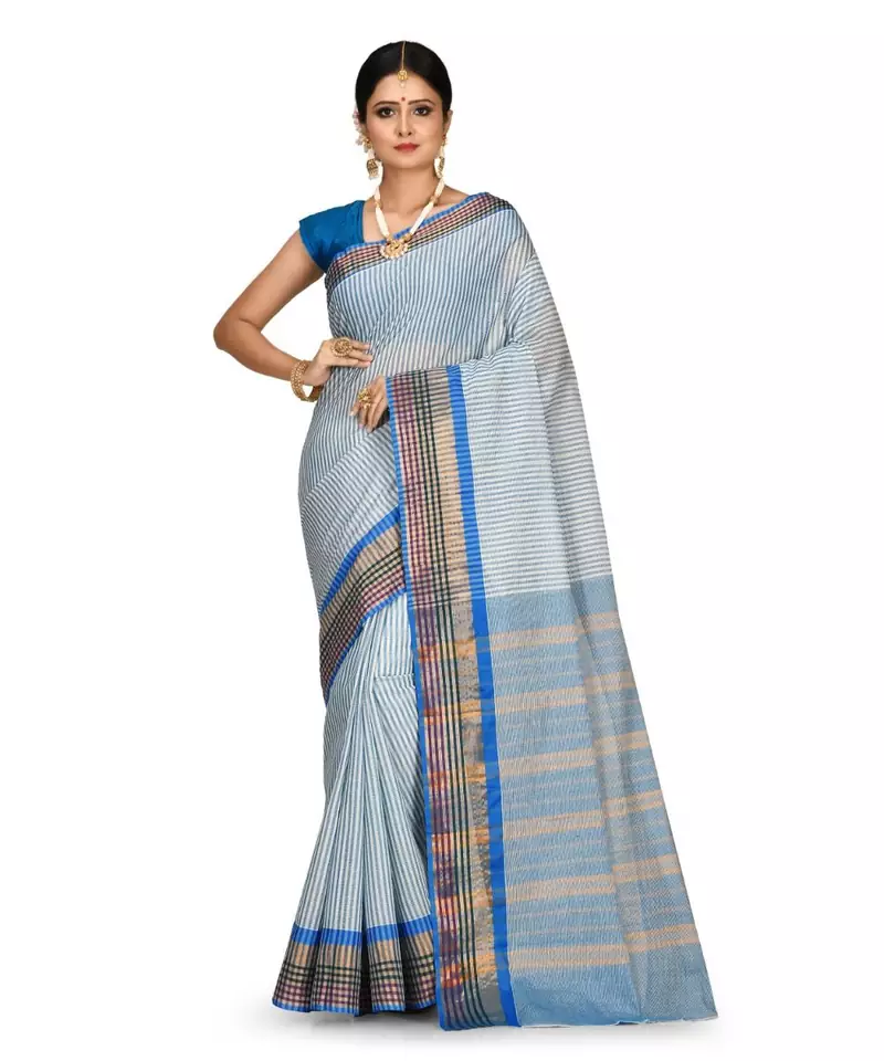 Blue Chettinad Handloom Pure Cotton Traditional Zari Border Saree With Blouse