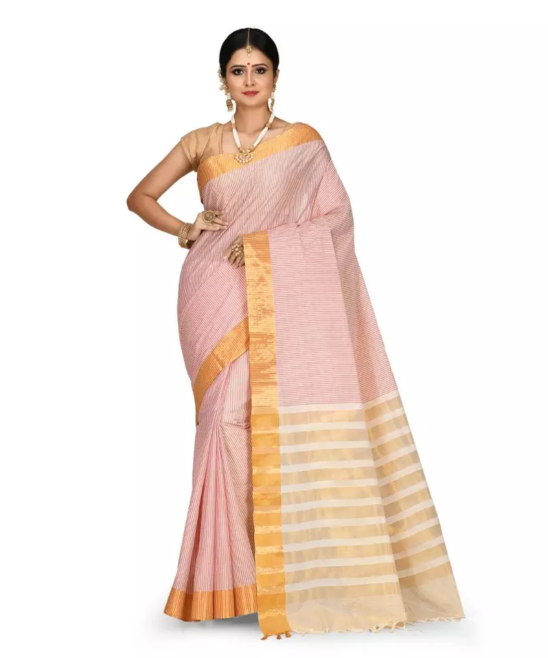 Off White Chettinad Handloom Pure Cotton Traditional Zari Border Saree With Blouse