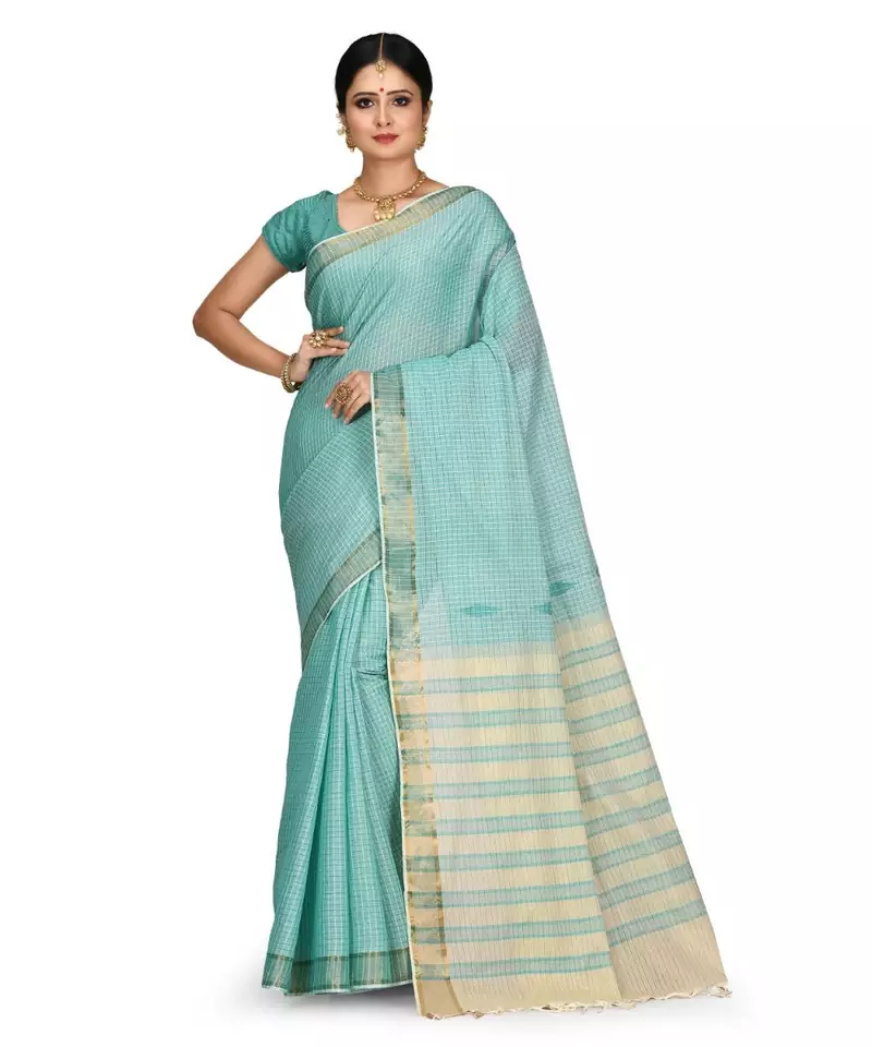 Green Chettinad Handloom Pure Cotton Traditional Zari Border Saree With Blouse