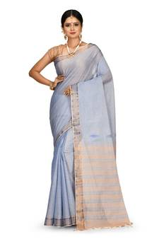 Indigo Blue Chettinad Handloom Pure Cotton Traditional Zari Border Saree With Blouse