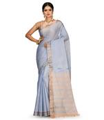 Indigo Blue Chettinad Handloom Pure Cotton Traditional Zari Border Saree With Blouse