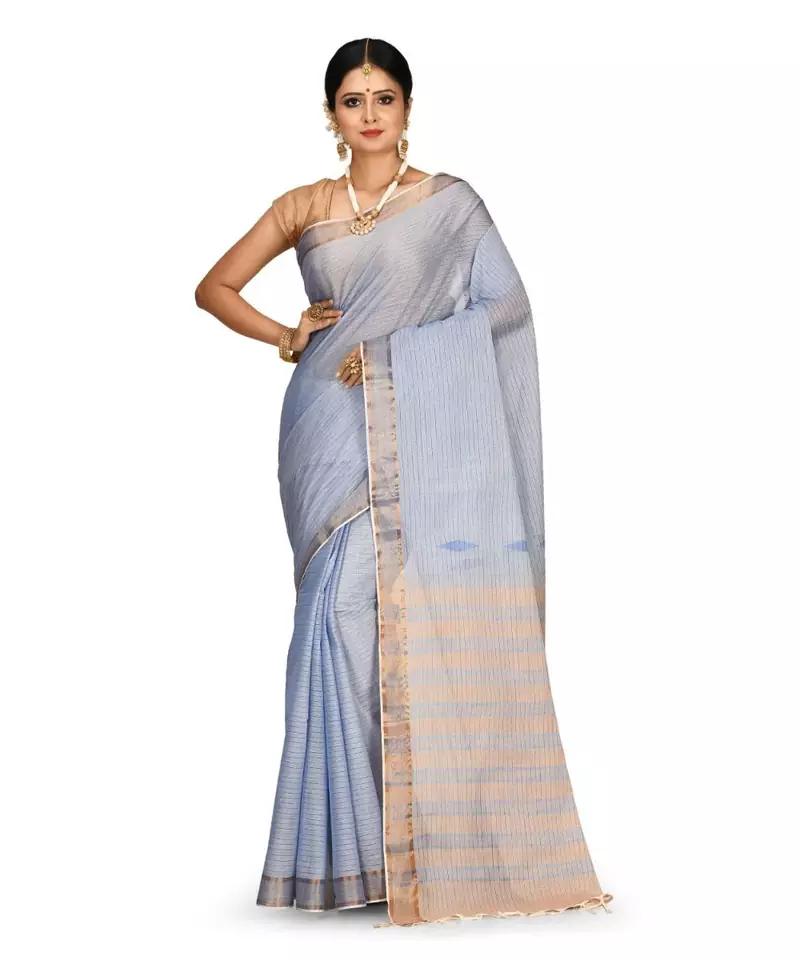 Indigo Blue Chettinad Handloom Pure Cotton Traditional Zari Border Saree With Blouse