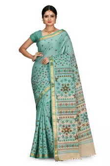 Green Chettinad Handloom Pure Cotton Traditional Zari Border Saree With Hand Block Prints With Blouse