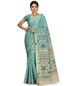 Green Chettinad Handloom Pure Cotton Traditional Zari Border Saree With Hand Block Prints With Blouse