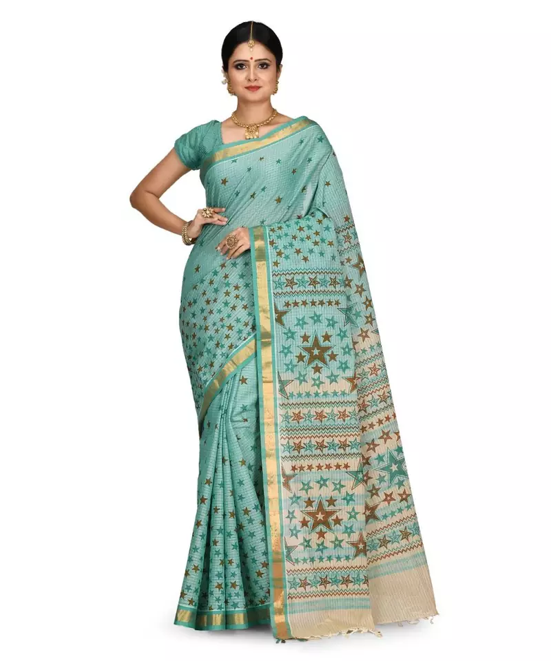 Green Chettinad Handloom Pure Cotton Traditional Zari Border Saree With Hand Block Prints With Blouse