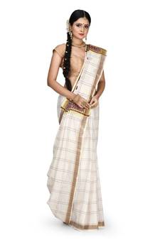 Off White Pure Cotton and Zari Woven Traditional Kerala Kasavu Saree With Blouse