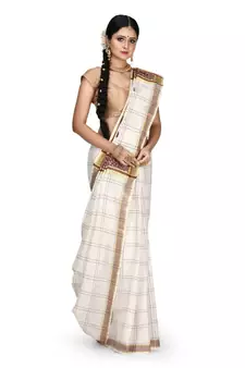 Off White Pure Cotton and Zari Woven Traditional Kerala Kasavu Saree With Blouse