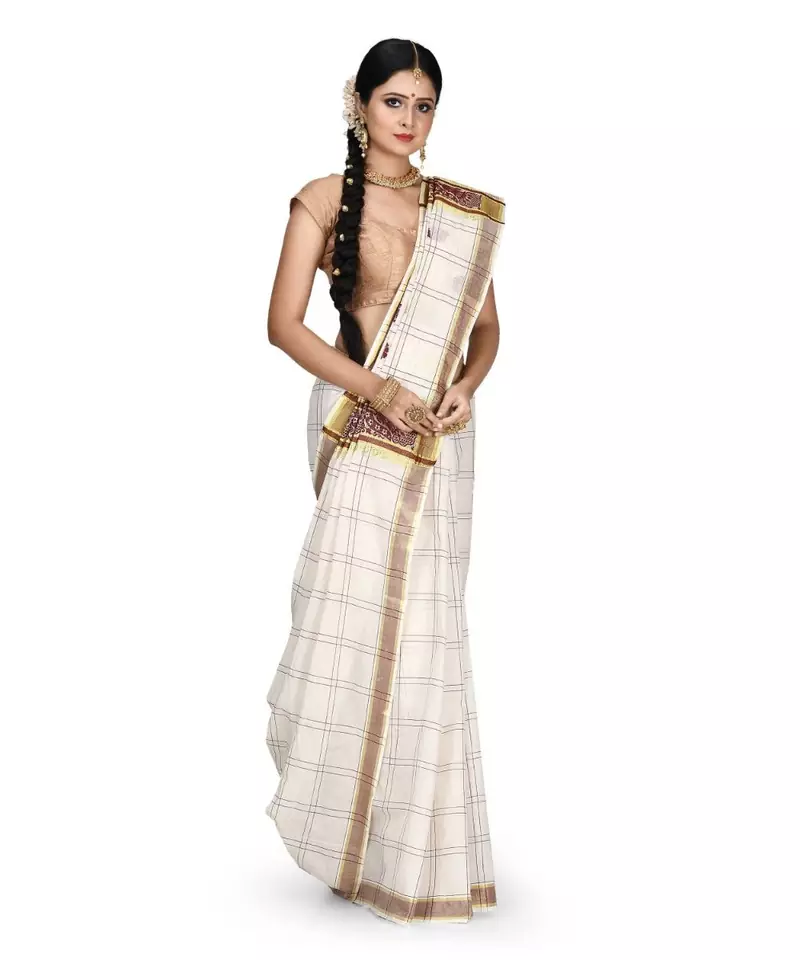 Off White Pure Cotton and Zari Woven Traditional Kerala Kasavu Saree With Blouse