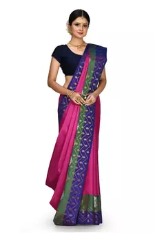 Fuchsia Banarasi Woven Tanchoi Muslin Silk Saree With Blouse