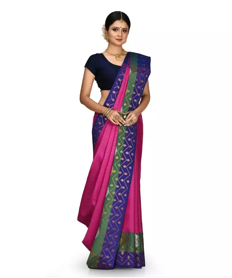 Fuchsia Banarasi Woven Tanchoi Muslin Silk Saree With Blouse