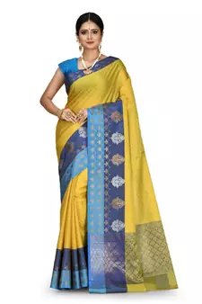 Mustard Banarasi Woven Tanchoi Muslin Silk Saree With Blouse