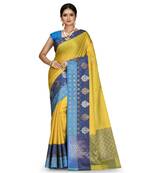Mustard Banarasi Woven Tanchoi Muslin Silk Saree With Blouse