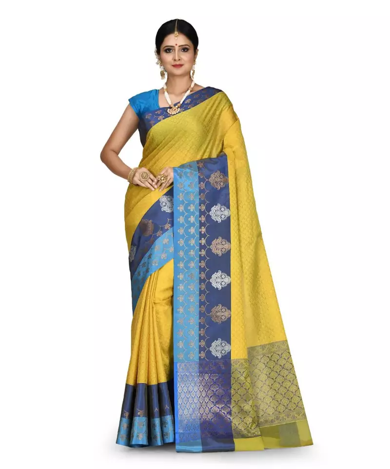 Mustard Banarasi Woven Tanchoi Muslin Silk Saree With Blouse