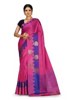 Fuchsia Banarasi Woven Tanchoi Muslin Silk Saree With Blouse