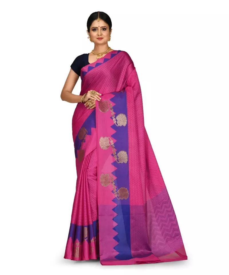 Fuchsia Banarasi Woven Tanchoi Muslin Silk Saree With Blouse