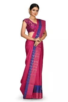 Fuchsia Banarasi Woven Tanchoi Muslin Silk Saree With Blouse