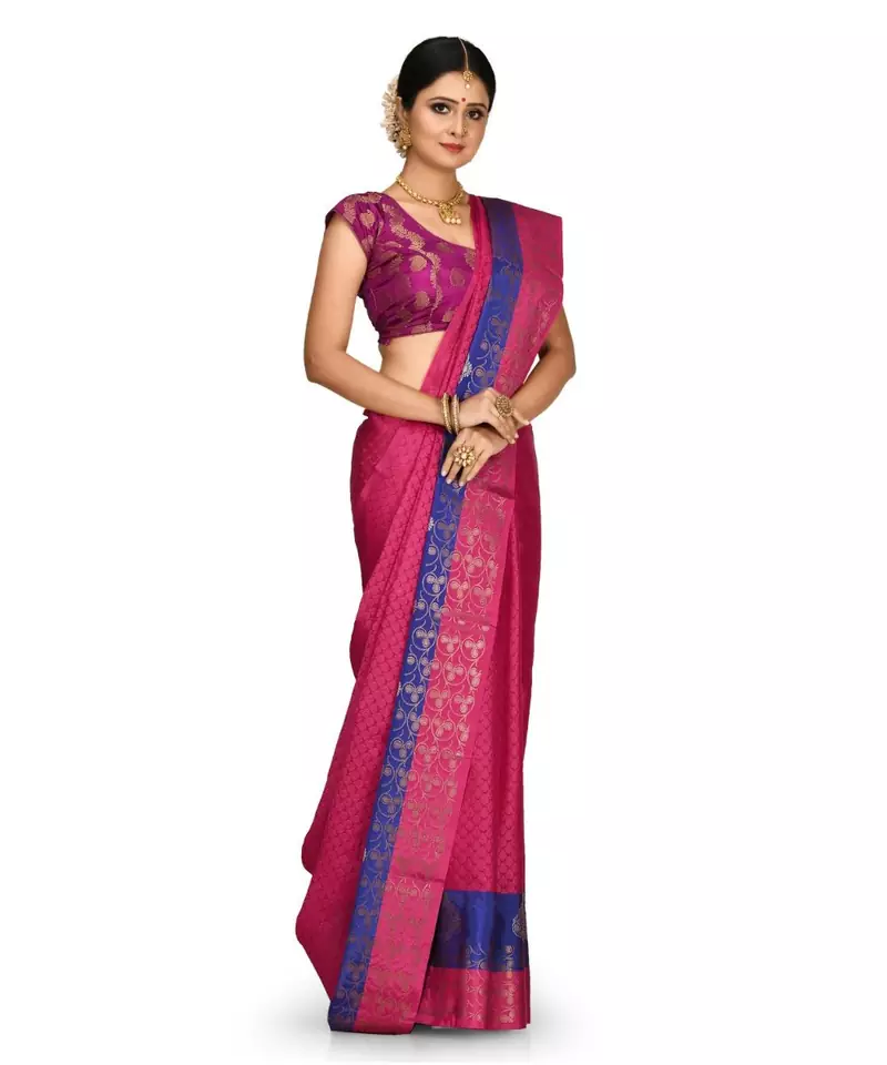 Fuchsia Banarasi Woven Tanchoi Muslin Silk Saree With Blouse