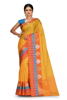 Gold Banarasi Woven Tanchoi Muslin Silk Saree With Blouse