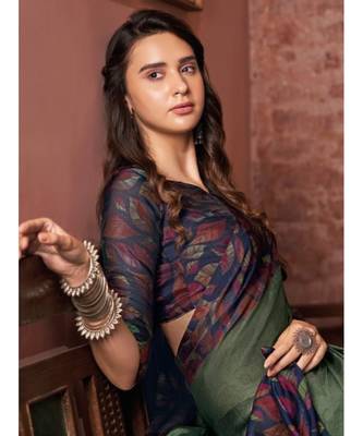 Brown printed chiffon saree with blouse 2