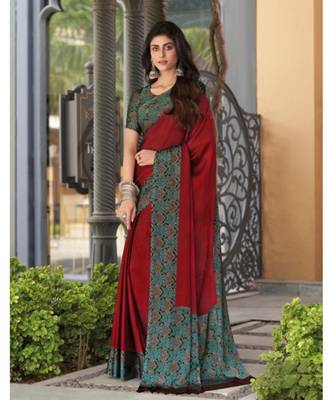 Red printed chiffon saree with blouse 1