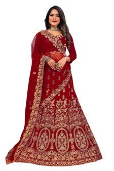 Maroon embroidered velvet semi stitched lehenga