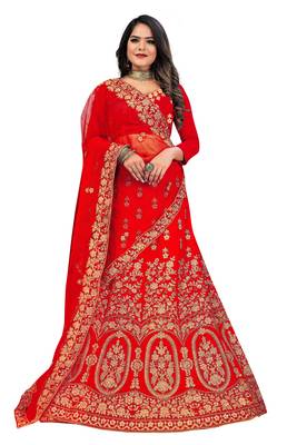 Red embroidered velvet semi stitched lehenga 1