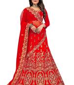 Red embroidered velvet semi stitched lehenga