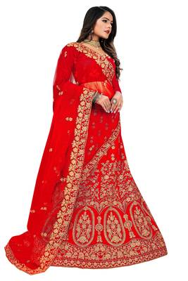 Red embroidered velvet semi stitched lehenga 2