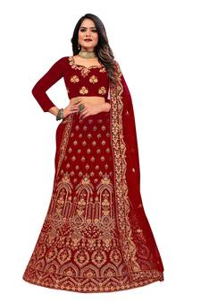 Maroon embroidered velvet semi stitched lehenga