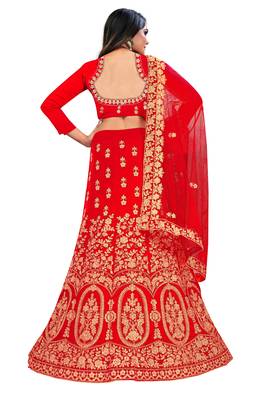 Red embroidered velvet semi stitched lehenga 3