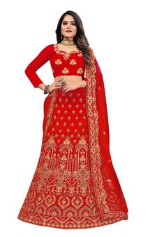 Red embroidered velvet semi stitched lehenga