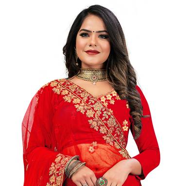 Red embroidered velvet semi stitched lehenga 4