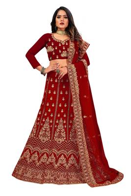 Maroon embroidered velvet semi stitched lehenga 1