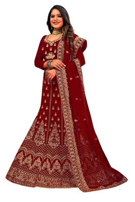 Maroon embroidered velvet semi stitched lehenga 2