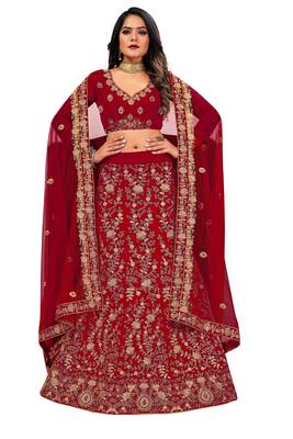 Maroon embroidered velvet semi stitched lehenga 1