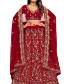 Maroon embroidered velvet semi stitched lehenga