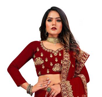 Maroon embroidered velvet semi stitched lehenga 4