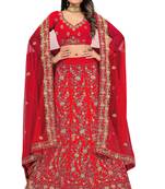 Red embroidered velvet semi stitched lehenga