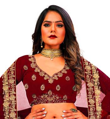 Maroon embroidered velvet semi stitched lehenga 3