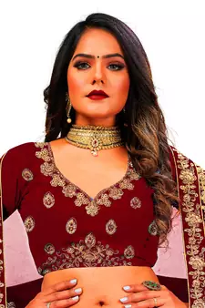 Maroon embroidered velvet semi stitched lehenga