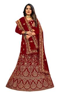 Maroon embroidered velvet semi stitched lehenga