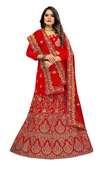 Red embroidered velvet semi stitched lehenga