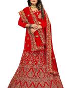 Red embroidered velvet semi stitched lehenga