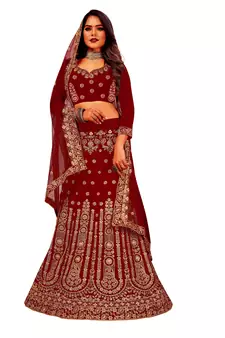 Maroon embroidered velvet semi stitched lehenga